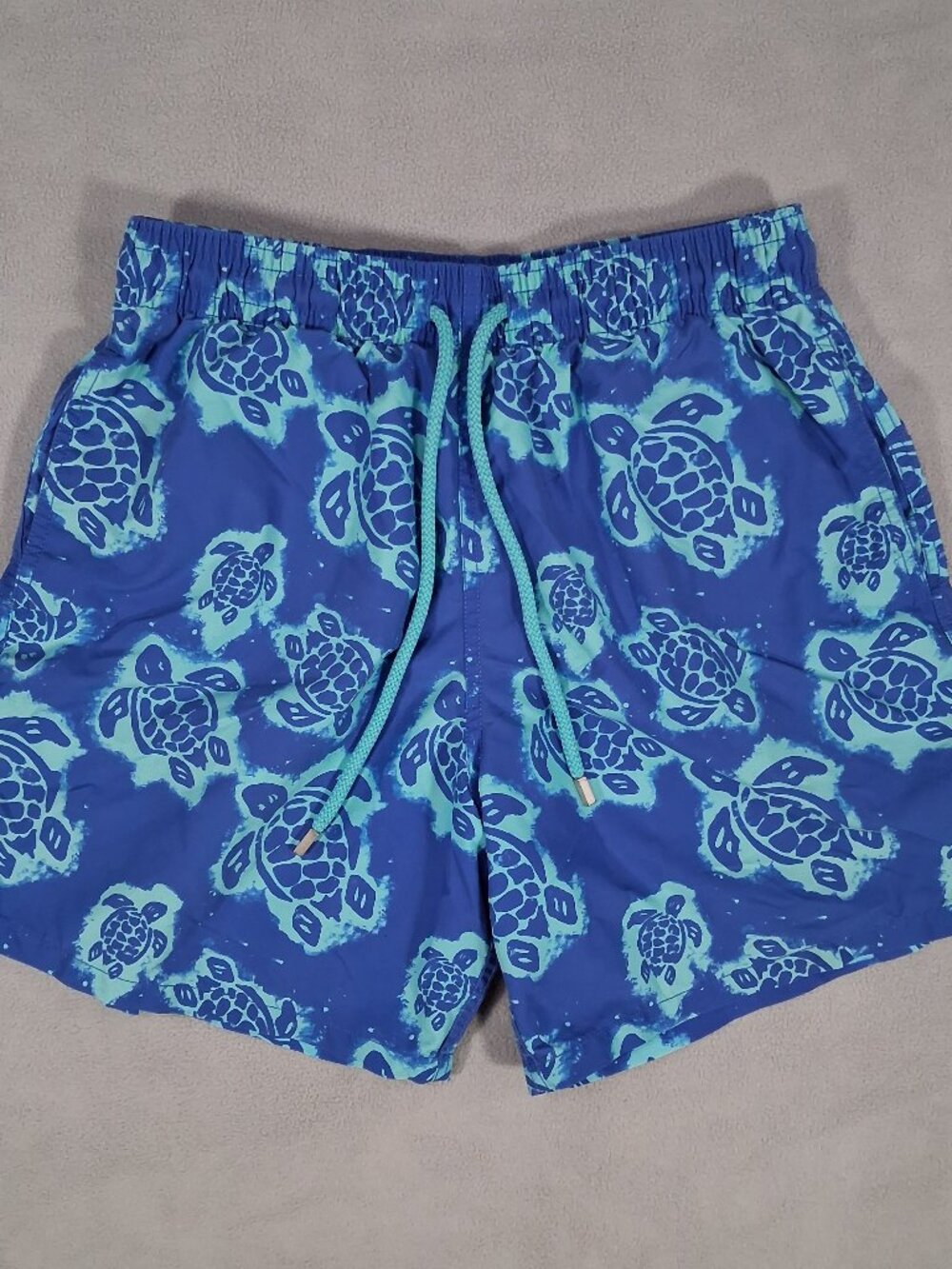 Vilebrequin Mens Size Large Blue Green Turtle Print Swim Shorts Trunks No Liner